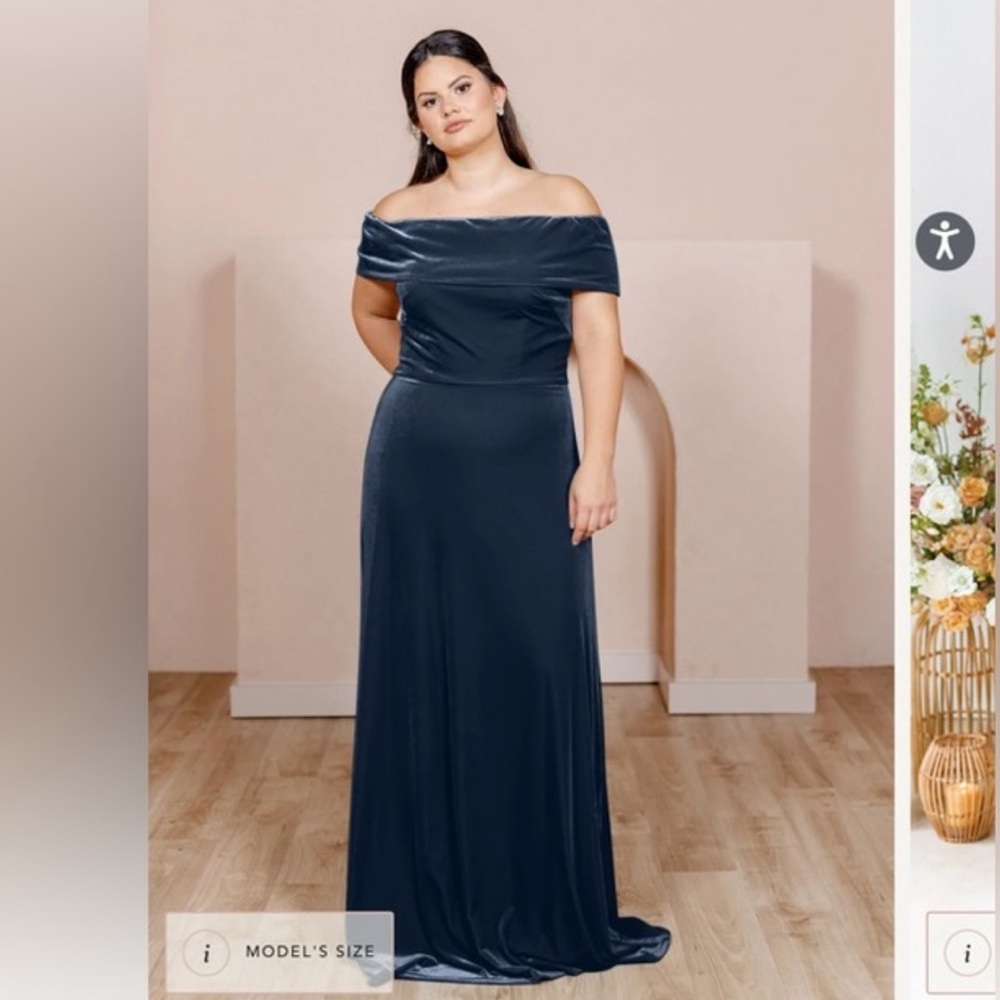 REVELRY Court Bridesmaid Dress Indie Blue Velvet Maxi Off Shoulder